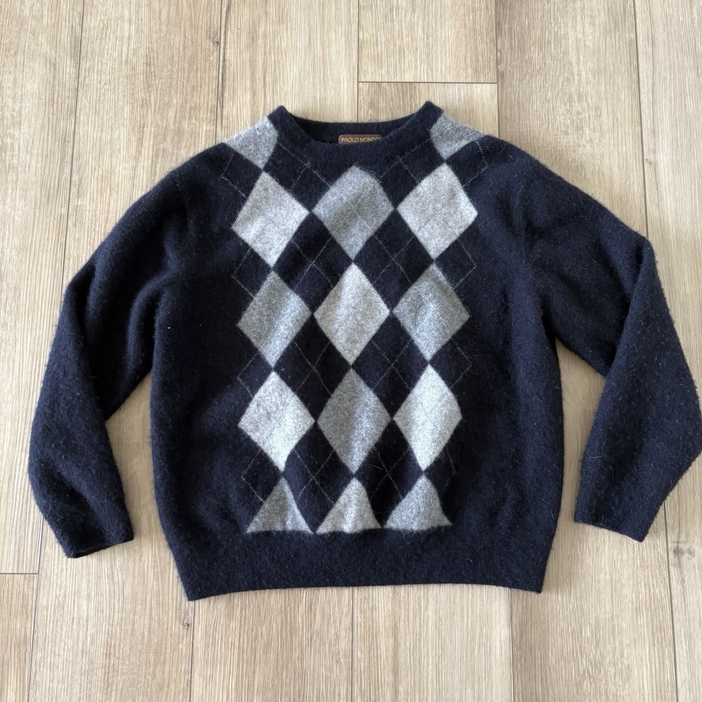 Paolo Mondo 100% Cashmere Gray Black Argyle Crewneck Sweater Men's Size XL